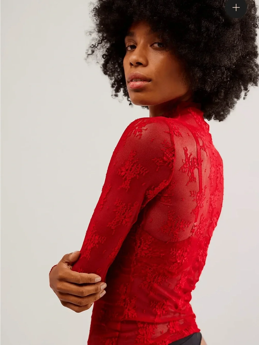 Free People Red Lace Long-Sleeve Mock Neck Top